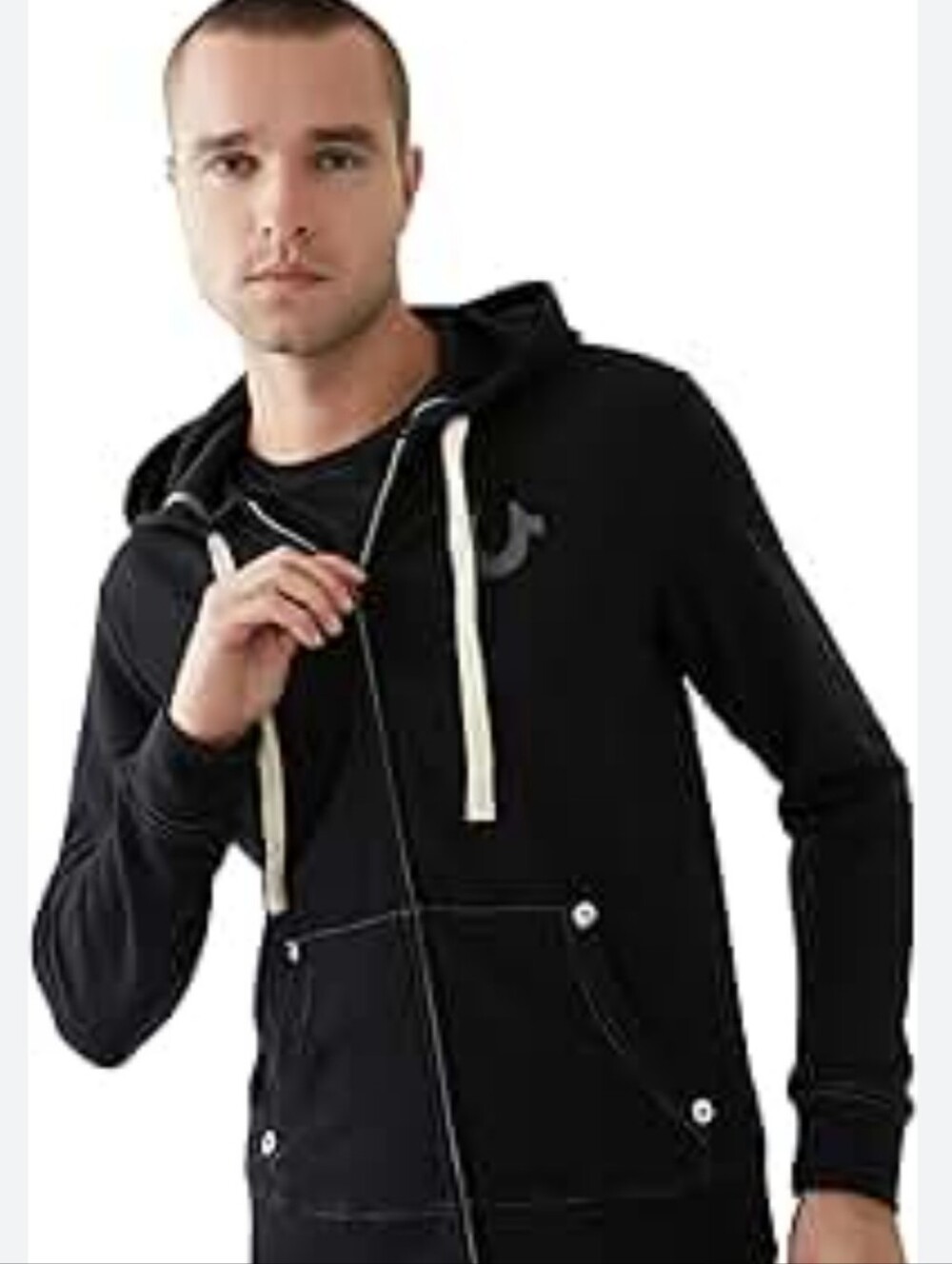 True Religion Black Zip-Up Buda Design Hoodie with Cream Drawcords